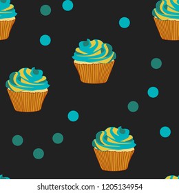 Bright seamless pattern with cupcakes.