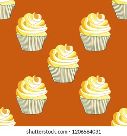 Bright seamless pattern with cupcakes.