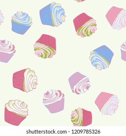 Bright seamless pattern with cupcakes.