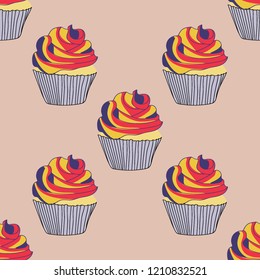 Bright seamless pattern with cupcakes.
