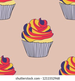 Bright seamless pattern with cupcakes.