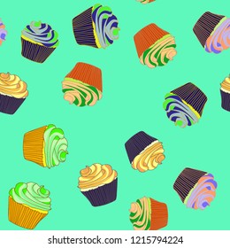 Bright seamless pattern with cupcakes.