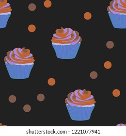 Bright seamless pattern with cupcakes.