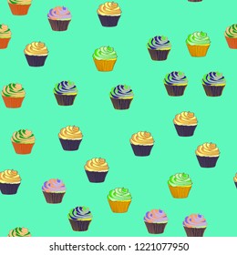 Bright seamless pattern with cupcakes.