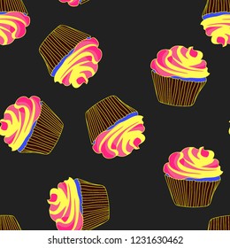 Bright seamless pattern with cupcakes.