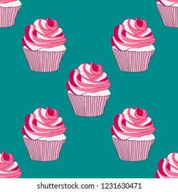 Bright seamless pattern with cupcakes.