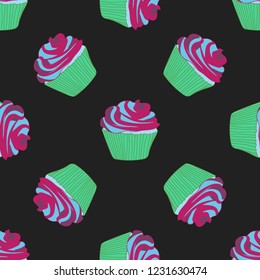 Bright seamless pattern with cupcakes.