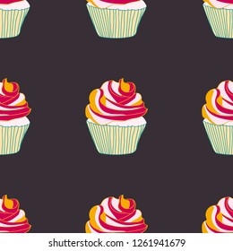 Bright seamless pattern with cupcakes.