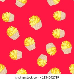 Bright seamless pattern with cupcakes on a pink background.