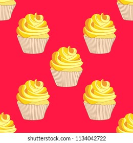 Bright seamless pattern with cupcakes on a pink background.
