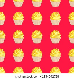 Bright seamless pattern with cupcakes on a pink background.
