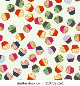 Bright seamless pattern with cupcakes on white background.