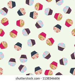 Bright seamless pattern with cupcakes on white background.