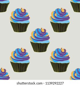 Bright seamless pattern with cupcakes on a pink background.