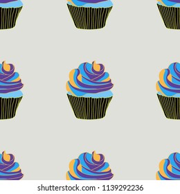 Bright seamless pattern with cupcakes on a pink background.