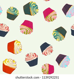 Bright seamless pattern with cupcakes on white background.