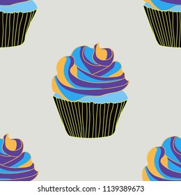 Bright seamless pattern with cupcakes on a pink background.