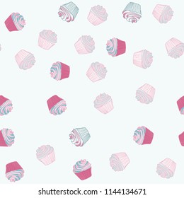 Bright seamless pattern with cupcakes on a pink background.