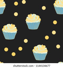 Bright seamless pattern with cupcakes on a pink background.