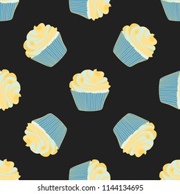 Bright seamless pattern with cupcakes on a pink background.