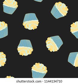 Bright seamless pattern with cupcakes on a pink background.
