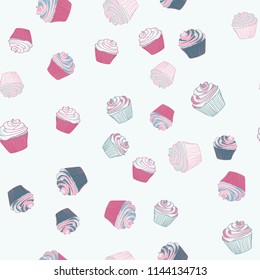 Bright seamless pattern with cupcakes on a pink background.
