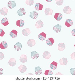 Bright seamless pattern with cupcakes on a pink background.