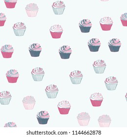 Bright seamless pattern with cupcakes on a pink background.