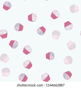 Bright seamless pattern with cupcakes on a pink background.