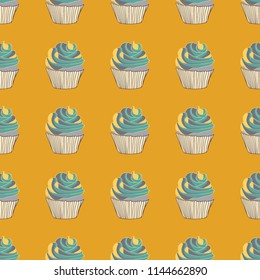 Bright seamless pattern with cupcakes on a pink background.