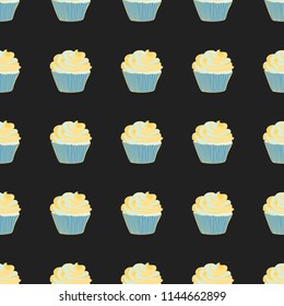 Bright seamless pattern with cupcakes on a pink background.