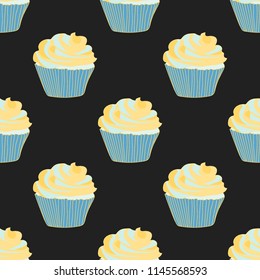 Bright seamless pattern with cupcakes on a pink background.