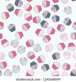 Bright seamless pattern with cupcakes on a pink background.