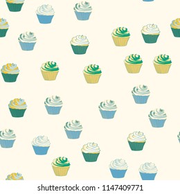 Bright seamless pattern with cupcakes on a pink background.