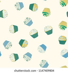 Bright seamless pattern with cupcakes on a pink background.