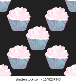 Bright seamless pattern with cupcakes on a pink background.