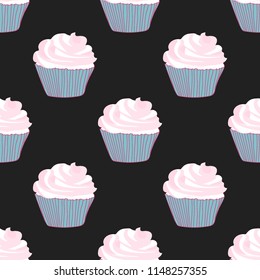Bright seamless pattern with cupcakes on a pink background.