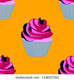 Bright seamless pattern with cupcakes on a pink background.