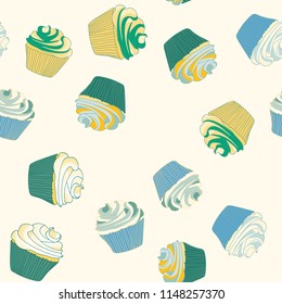 Bright seamless pattern with cupcakes on a pink background.