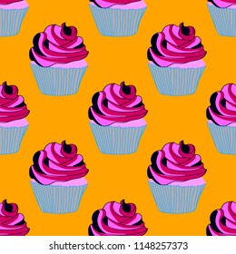 Bright seamless pattern with cupcakes on a pink background.