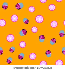 Bright seamless pattern with cupcakes on a pink background.