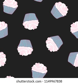 Bright seamless pattern with cupcakes on a pink background.
