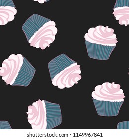 Bright seamless pattern with cupcakes on a pink background.