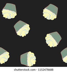 Bright seamless pattern with cupcakes on a pink background.