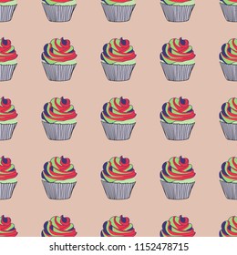 Bright seamless pattern with cupcakes on a pink background.