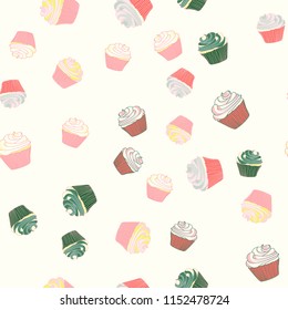 Bright seamless pattern with cupcakes on a pink background.