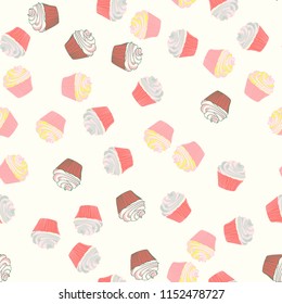 Bright seamless pattern with cupcakes on a pink background.