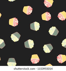 Bright seamless pattern with cupcakes on a pink background.