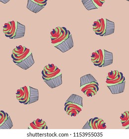 Bright seamless pattern with cupcakes on a pink background.