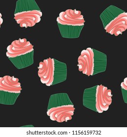 Bright seamless pattern with cupcakes on a pink background.